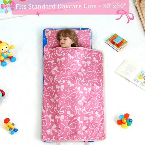 Toddler Nap Mat for Preschool 50''x30'' Sleeping Mat with Removable Pillow and Minky Blanket for Kids Ages 3-7 Roll Up Soft Sleeping Bag for Boys Girls Kindergarten Daycare Sleepover