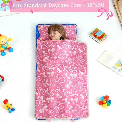 Toddler Nap Mat for Preschool 50''x30'' Sleeping Mat with Removable Pillow and Minky Blanket for Kids Ages 3-7 Roll Up Soft Sleeping Bag for Boys Girls Kindergarten Daycare Sleepover
