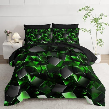 Nttopship Black and Green Geometric Comforter Set Twin Size 7PCS,Abstract Triangular Printed Bedding Set for Adults,Geometric Mordern Art Decor All Seasons with Pillowcases,Flat, Fitted Sheet