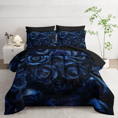 7pcs Blue Floral Comforter Set Valentine's Day 3D Rose Printed Bedding Set with 1 Comforter, 1 Flat Sheet, 1 Fitted Sheet and 4 Pillowcases for Boys and Girls Bedroom (Rose Full