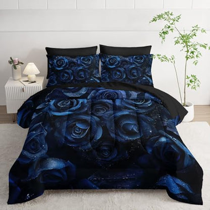 7pcs Blue Floral Comforter Set Valentine's Day 3D Rose Printed Bedding Set with 1 Comforter, 1 Flat Sheet, 1 Fitted Sheet and 4 Pillowcases for Boys and Girls Bedroom (Rose Full
