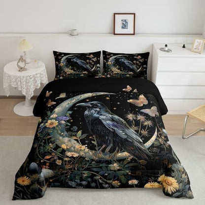 Black Crow Comforter Set Full Size,Moon Daisy Flower and Butterfly Bedding Set,Kids Girls Boys Teens Room Decor,Halloween Theme Animals Plants Quilt Set Boho Trippy Duvet Insert,2 Pillowcases