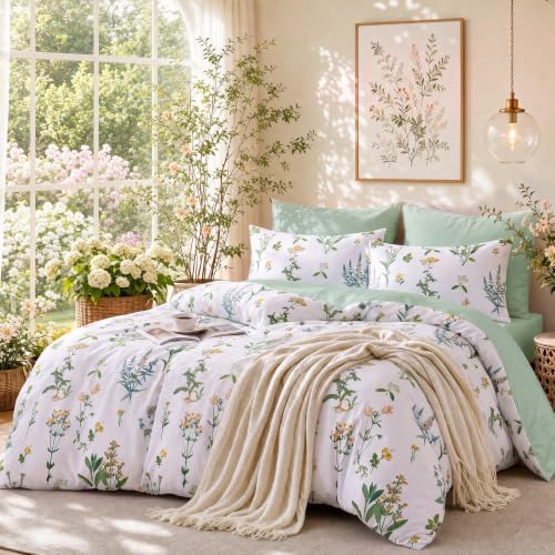 MUXHOMO California King Comforter Set, Green Elegant Floral Print Bed in a Bag 7 Pieces, Ultra Soft & Breathable Reversible Botanical Pattern Bedding Set with Comforter, Sheets, Pillowcases, and Shams
