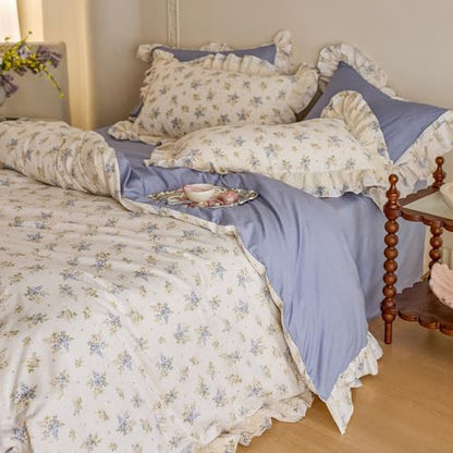 Full Duvet Cover Set 100% Cotton Vintage Floral Duvet Cover with Romantic Ruffle Lace, Breathable Soft Floral Cottagecore Comforter Cover, Aesthetic Botanical Flower Princess Lace Bedding Set Full