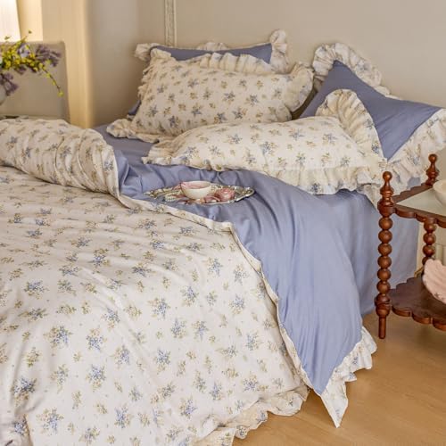 Romantic Ruffle Duvet Cover Set Twin Size, Aesthetic Vintage Flower Comforter Cover Floral Cottagecore Bedding Set for Kids Girls, Breathable 100% Cotton Princess Lace Duvet Cover with 2 Pillowcases