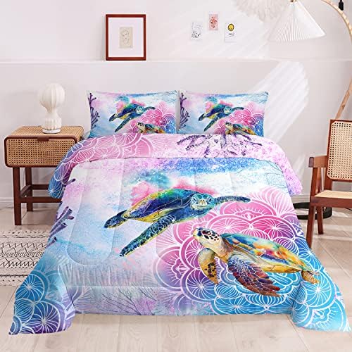 HOSIMA Sea Turtle Bedding,Coastal Beach Themed Comforter Full Size for Kids Teen Girls Boys Room Decor,Toddler Bedding Set, Mandala Turtle Comforter with 2 Pillowcases.
