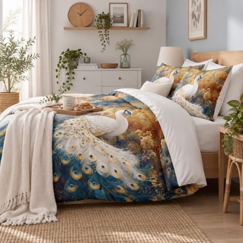 CCoutueChen Peacock Bedding Set King Size, Dark Blue and Golden Comforter Sets for Women Luxury Feather Bedroom Decor, 3 Pcs 2 Pillowcases, 104"x90"