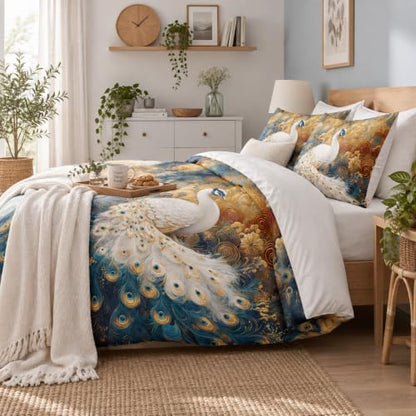 CCoutueChen Peacock Bedding Set King Size, Dark Blue and Golden Comforter Sets for Women Luxury Feather Bedroom Decor, 3 Pcs 2 Pillowcases, 104"x90"