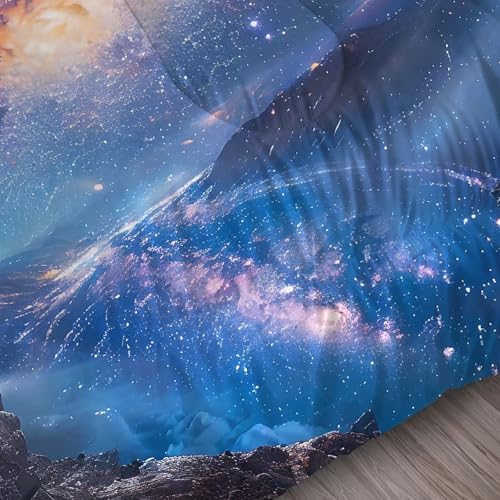 Galaxy Comforter Set Twin Size Space Bedding for Kids Girls Boys Mountain Planet Stars Moon Bedroom Decor Quilt Bed Sets, 1 Comforter 1 Pillowcase