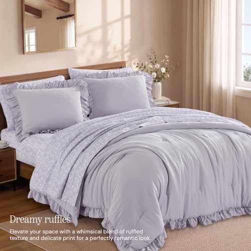 BLOOMHAVEN Queen Comforter Set-7 Pieces Ruffle Bedding with Floral Sheet