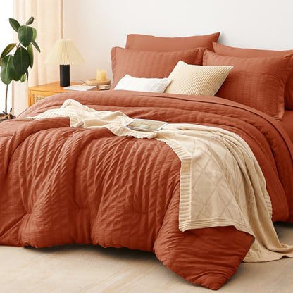 CozyLux Oversized King Comforter Set 120x98 7-Piece Burnt Orange Seersucker