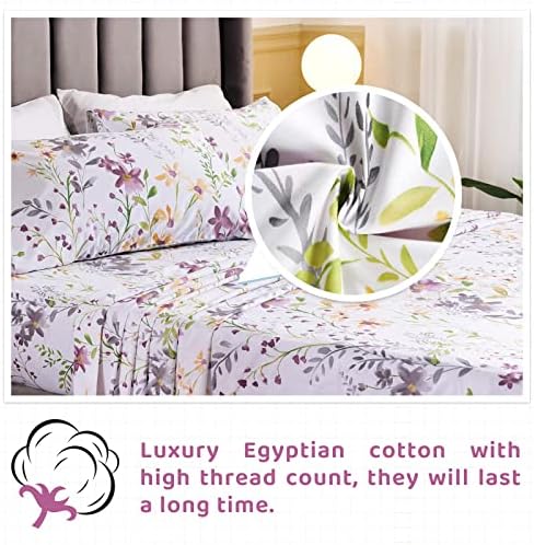 QSH 100% Egyptian Cotton Sheets Twin Size, Yellow Flower Plant Pattern Botanical Luxury Cotton Printed Bedding Flower Twin Bed Sheets for Girls Kids Extra Soft 4pcs Deep Pocket Floral Bed Sheets