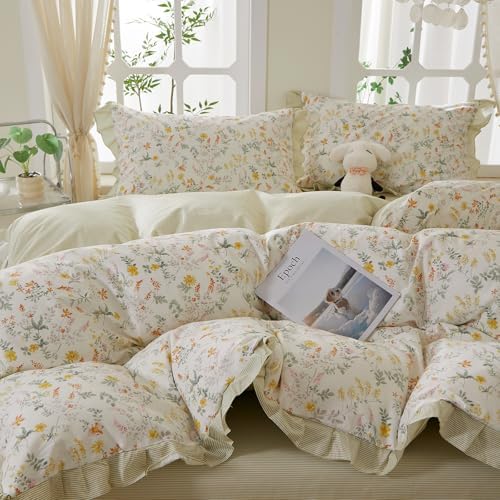 mixinni 100% Cotton Duvet Cover Set Twin XL, Reversible Spring Floral Ruffle Green Striped Bedding for Girls, French Country Cottagecore Aesthetic 3PC Duvet Cover with Zipper Closure & Pillowcases