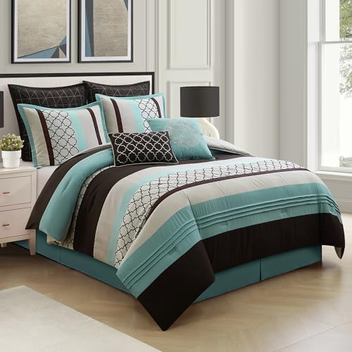 LANCO MODERN LIFESTYLE California King Comforter Set, Aqua Brown Bedding Set, Jacquard Woven with Embroidery, 8 Pieces Bed in a Bag, Bed Skirt, Shams and Decorative Pillows