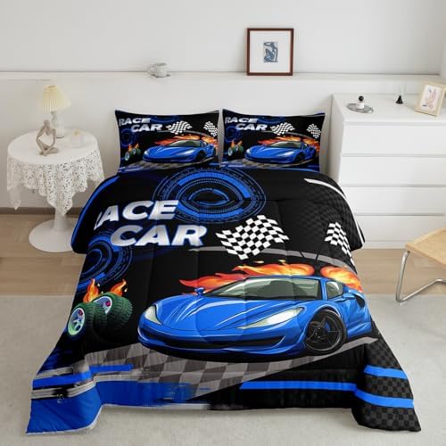 Feelyou Kids Blue Race car Comforter Set King Size Speed Sports Car Bedding Set Boys Girls Automobile Racing Car Quilt Set Extreme Sports Theme Bed Set
