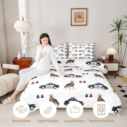 Feelyou Police Car Comforter Set Full Size Dogs Bedding Set for Kids Boys Girls Policeman Vehicle Duvet Quilt Bedroom Decor Microfiber 3 Pcs with 2 Pillow Cases