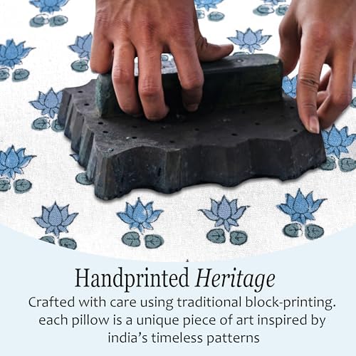 CPC Block Print Arctic Blue Ruffle Cotton Lumbar Pillow Cover 14x36 inch
