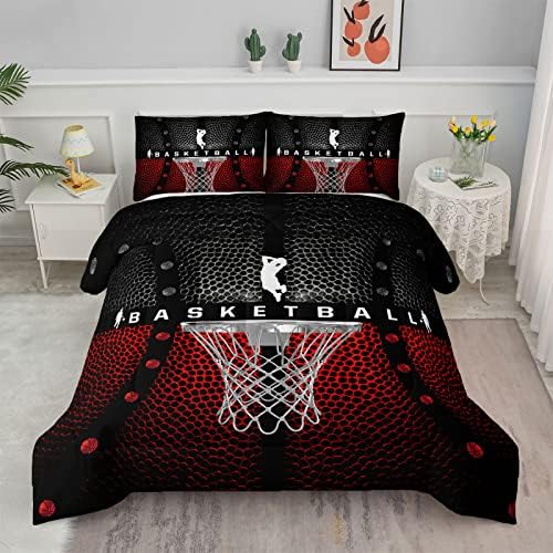 Axolotl Basketball Bedding Set for Boys Kids Teens,Soft Microfiber Black and Red Sports Theme Basketball Bedding Sets Queen Size with 1 Comforter and 2 Pillowcases All Season