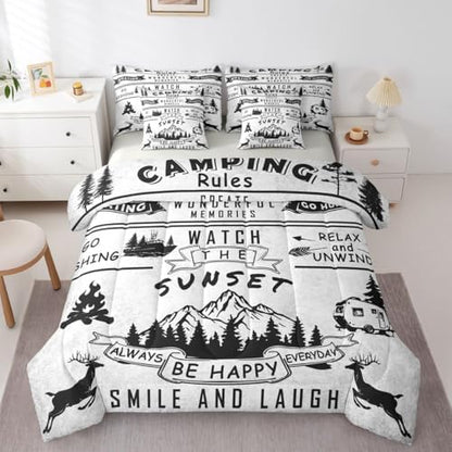 Erosebridal Happy Camping 7 Piece Bed in A Bag Twin Comforter Set Camping Rules Bedding Set for Boys Girls Kids Fishing and Hunting Thme Sheet Set with Comforter Deer Wildlife Woodland Camper Quilt