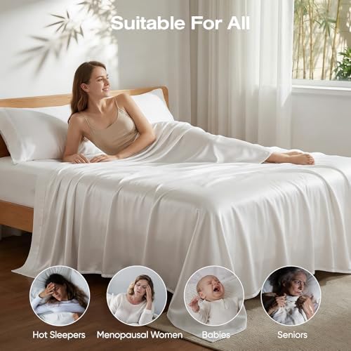 100% Real Bamboo Viscose & Lyocell Tencel Sheets Set CK Size | Breathable & Cooling for Hot Sleeper | Luxury Silky Soft Fabric | 18" Deep Pocket with Corner Straps (White, California King)