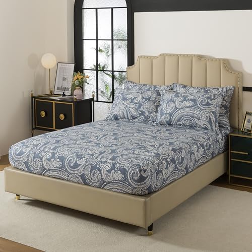 FADFAY Cal King Sheet Set – 4 Piece Bed Sheets for Cal King Size Bed, Vintage Blue Grey Paisley Floral Pattern Soft and Breathable 100% Cotton, Includes 1 Fitted Sheet, 1 Flat Sheet and 2 Pillowcases
