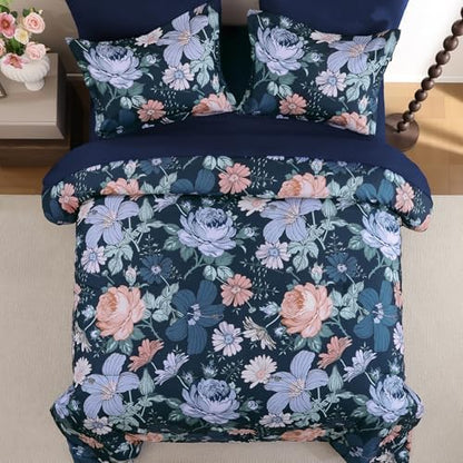 Luxudecor Queen Floral Comforter Set-7 Pieces Bed in a Bag,Colorful Flowers Print on Dark Blue Bedding Set,Soft Microfiber Comforter with Sheets for All Seasons (Dark Blue,90"x90")