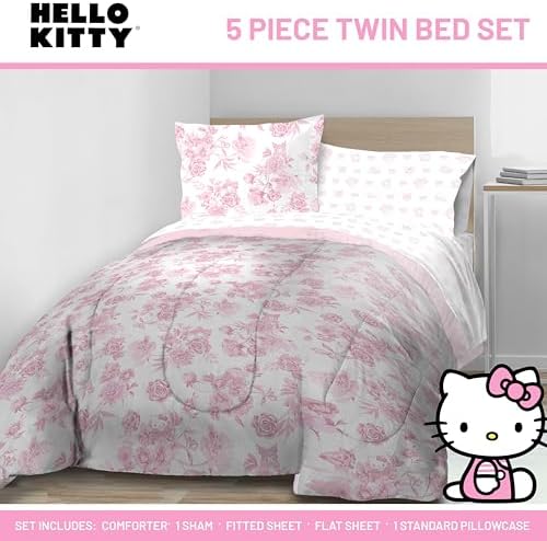 Jay Franco Comforter Set Includes Sheets and Pillow Covers - Soft and Cozy Bed Set for Stylish Room Decor, Official Licensed Product, Multi - Hello Kitty, 5 Piece Twin