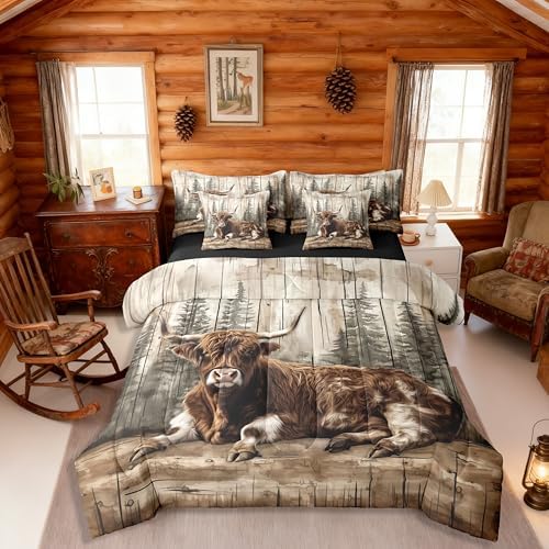 Erosebridal Rustic Highland Cow Bed in A Bag 7 Pcs Farm Animal Comforter Set for Kids Teens Western Country Forest Bedding Sets Queen Farmhouse Wildlife Sheet Set with Comforter