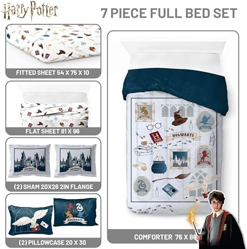 Harry Potter Full Comforter Set 7 Piece Soft Hogwarts Bedding, Grey