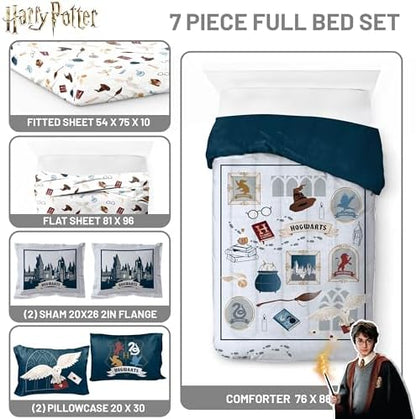 Harry Potter Full Comforter Set 7 Piece Soft Hogwarts Bedding, Grey