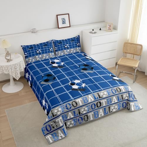 Homewish Soccer Sports Full Size Comforter Set,Blue Soccer Grid Bedding Set for Adults Teens,Children Sport Gaming Comforter Luxury Football Pattern Quilt Set Room Decor 3Pcs