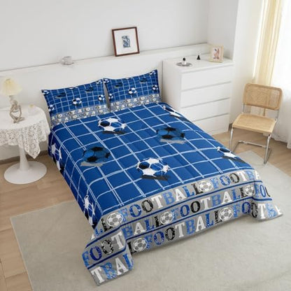 Homewish Teens Soccer Sports Comforter Set Queen Size,Blue Soccer Grid Bedding Set for Kids Boys Girls Bedroom Decoration,Sport Gaming Bed Duvet Insert,Football Pattern Comforter with 2 Pillowcases