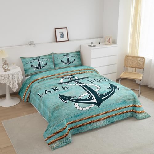 Manfei Anchor Comforter Set King Size, Nautical Theme Blue Wooden Plank Down Comforter with 2 Pillowcases, Lake House Bedding Set 3pcs for Kids Boys Teen Bedroom Decor Lightweight Duvet Insert