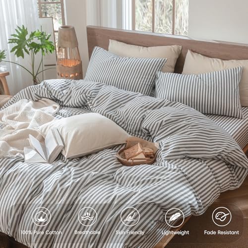 MooMee Striped Duvet Cover Set 100% Washed Cotton Linen Like Twin