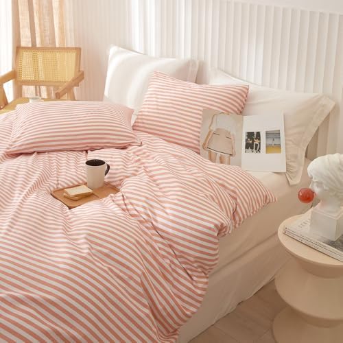 Full Comforter Set Pink White Stripes Pattern Comforter Full Modern Style Striped Comforter with 2 Pillowcases Lightweight 3 Pieces Boho Bedding Comforter Farmhouse Striped Fluffy Comforter Set