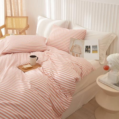 Full Comforter Set Pink White Stripes Pattern Comforter Full Modern Style Striped Comforter with 2 Pillowcases Lightweight 3 Pieces Boho Bedding Comforter Farmhouse Striped Fluffy Comforter Set