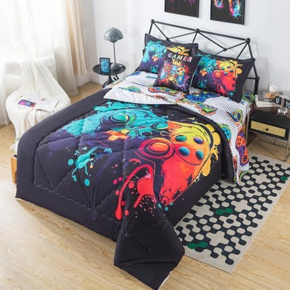 ADASMILE A & S Gaming Comforter Twin for Boys 6 Piece Game Console Bedding