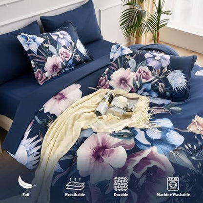 Luxudecor Floral Comforter Set Queen Size 7 Piece, Navy Flower Bed in a Bag, Elegant Floral Comforter with Sheet Set, Soft Microfiber Bedding Set for All Season (Navy, 90"x90")