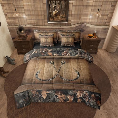 Erosebridal 7 Piece Rustic Lake Cabin Comforter Set with Sheets Farmhouse Fishing Bedding Set Queen Tree Branches Camo Fish Hook Bed in A Bag for Kids Boys Teen Men Country Camouflage Bed Set