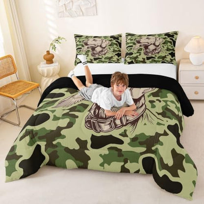 Feelyou Green Camo Decor Comforter Set Toddler Size Hunting Dog Bedding Set for Kids Boys Girls Mallard Duck Duvet Quilt Military Style Bedroom Decor Microfiber 2 Pcs with 1 Pillow Cases