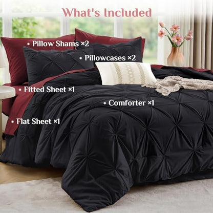 JOLLYVOGUE Queen Comforter Set 7 Pieces - Bed in a Bag Queen for All Season, Pintuck Bedding Comforter Sets with Comforter, Flat Sheet, Fitted Sheet and Pillowcases & Shams, Black & Burgundy
