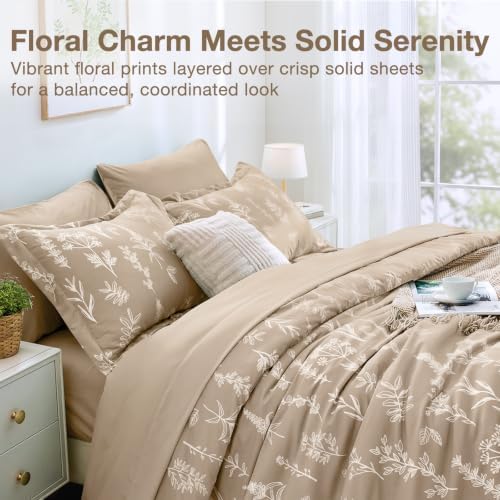 MUXHOMO Oversized King Comforter Set, Taupe Elegant Floral Print Bed in a Bag 7 Pieces, Ultra Soft & Breathable Reversible Botanical Pattern Bedding Set with Comforter, Sheets, Pillowcases, and Shams