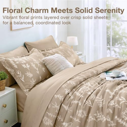 MUXHOMO Taupe Full Comforter Set, Elegant Floral Print Bed in a Bag 7 Pieces, Ultra Soft & Breathable Reversible Botanical Pattern Bedding Set with Comforter, Sheets, Pillowcases, and Shams