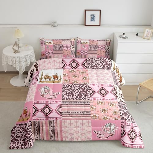 Feelyou Pink Aztec Bedding Set Queen Size, Kids Western Decor Comforter Set Wild West Cowboy Cowgirl Comforter Boho Style Duvet Insert Bed Set 3Pcs