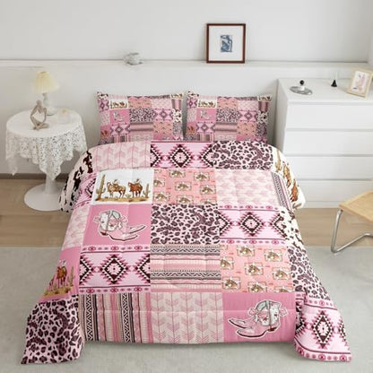 Feelyou Pink Aztec Bedding Set Queen Size, Kids Western Decor Comforter Set Wild West Cowboy Cowgirl Comforter Boho Style Duvet Insert Bed Set 3Pcs