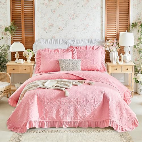 Ruffles Quilt Set Twin Size 68 * 86in - 2 Pieces Solid Shabby Chic Farmhouse Ruffled Bedding Rustic Coverlet Lightweight Fluffy Summer Oversized Bedspread with Shams for Women Men Pink