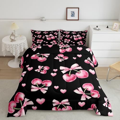 Cherry Bowknot Kids Comforter Set Full Size,Pink Bow Tie Butterfly Knot Princess Bedding Set,Girls Boys Room Decor,Love Heart Geometric Patchwork Quilt Comforter,Dreamy Duvet Insert,2 Pillowcases
