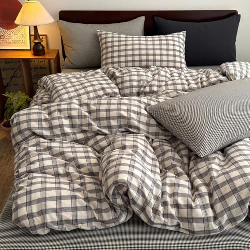 Mucalis Grey Gingham Plaid Duvet Cover King 100% Washed Cotton White Checkered Duvet Cover Set Linen Like Vintage 3 Piece Grid Bedding with Zipper Closure Corner Ties,Durable,Easy Care