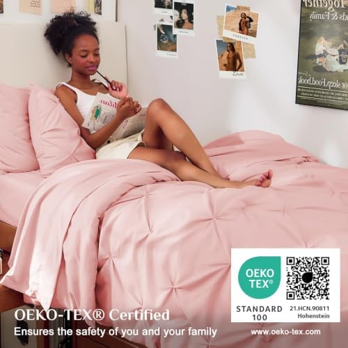 JOLLYVOGUE Twin XL Comforter Set 5 Pieces - Bed in a Bag Twin XL for All Season, Pintuck Bedding Comforter Sets with Comforter, Flat Sheet, Fitted Sheet and Pillowcases & Shams, Pink