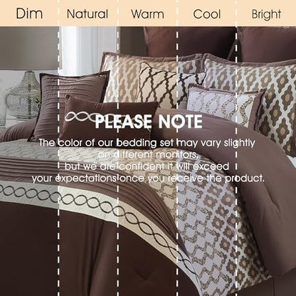 LANCO MODERN LIFESTYLE Queen Comforter Set, Brown, 10 Piece Bed in a Bag for All Seasons, Luxury Extreme Comfort Bedding Sets with Bedskirt, Pillow Shams, Euro Shams and Decor Pillows